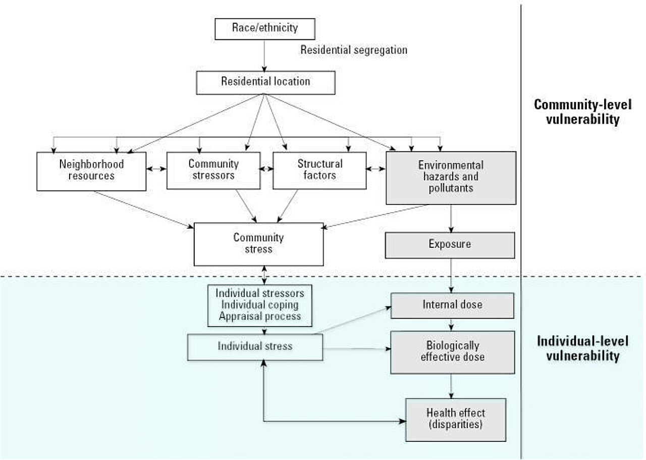 Exposure-disease-stress-model for environmental health disparities (Gee & Payne-Sturges, 2004)
